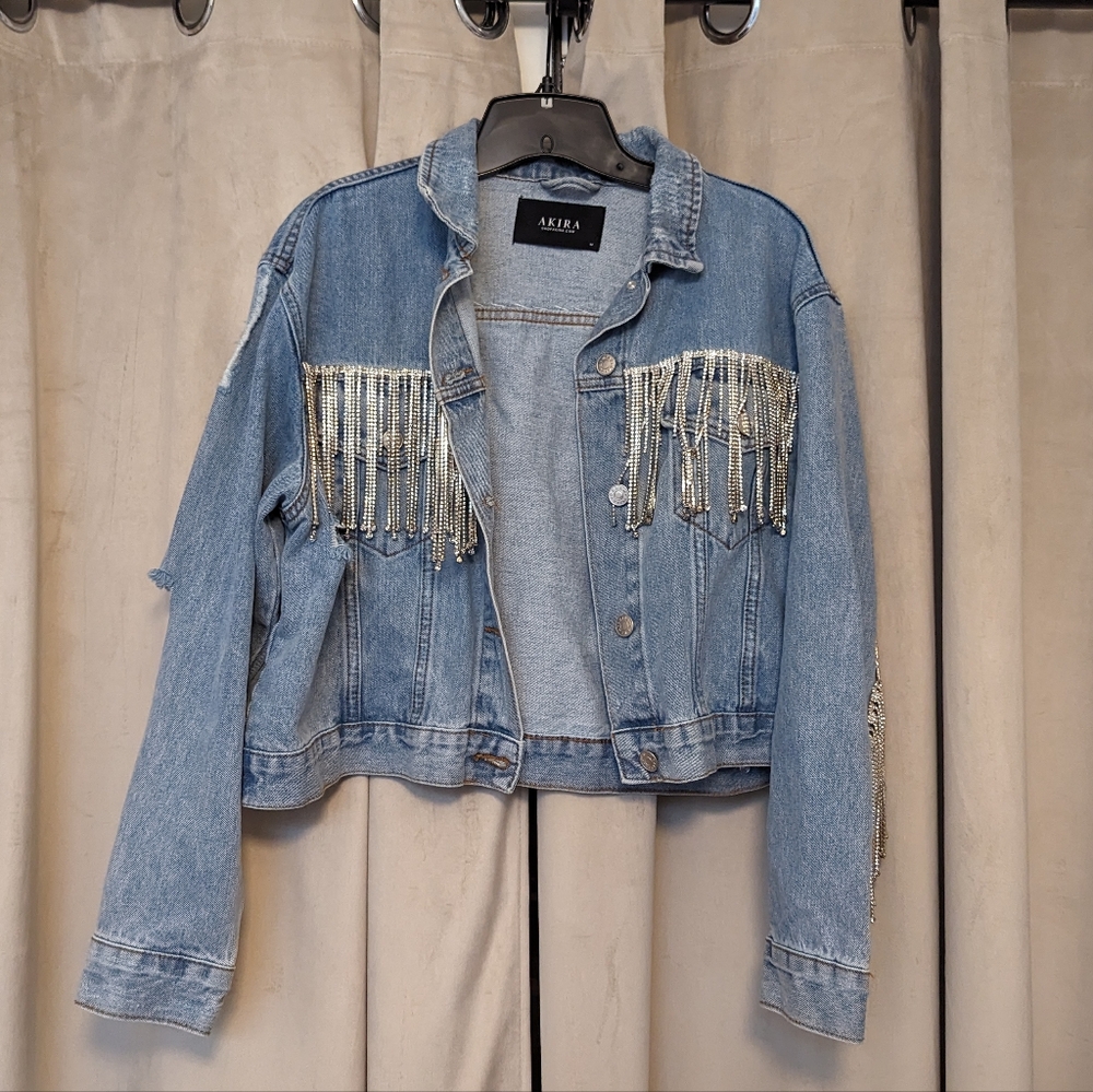 Akira M crop denim jacket with rhinestone fringe